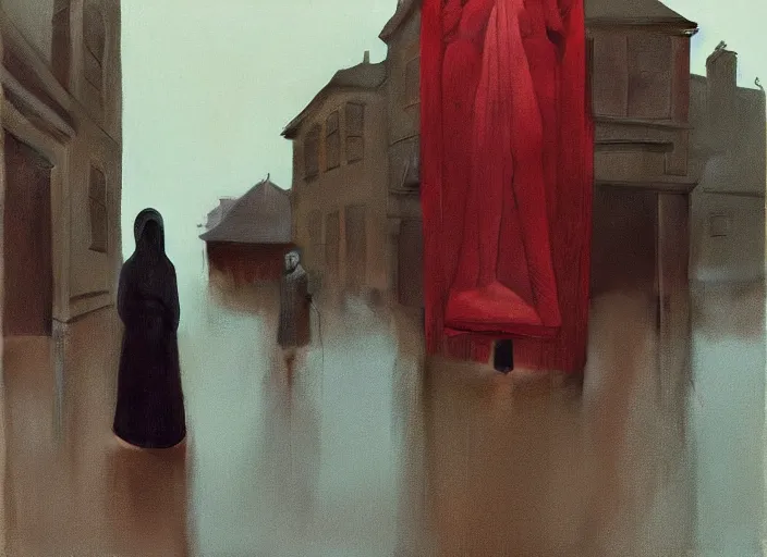 Image similar to woman in vr headset dressed in plastic bags in paper bag over the head on flooded street Edward Hopper and James Gilleard, Zdzislaw Beksinski, highly detailed