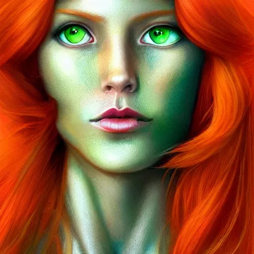 Image similar to Redhead Pleiadian alien human beautiful hybrid feminine woman, long gorgeous red hair in loose curls, with stunning green eyes, cute round face and a roundish nose, as a retro futuristic heroine, gorgeous digital painting, artstation, concept art, smooth, sharp focus, illustration, art by artgerm and donato giancola and Joseph Christian Leyendecker, Ross Tran, WLOP