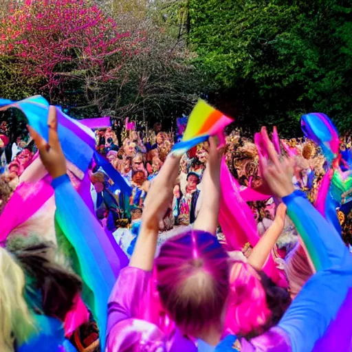 Image similar to people dancing with rainbow ribbons of color