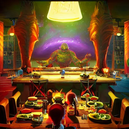 Image similar to The restaurant at the end of the universe, fantasy, vivid colors, elegant, concept art, sharp focus, digital art, Hyper-realistic, 4K, Unreal Engine, Highly Detailed, HD, Dramatic Lighting by Brom, trending on Artstation