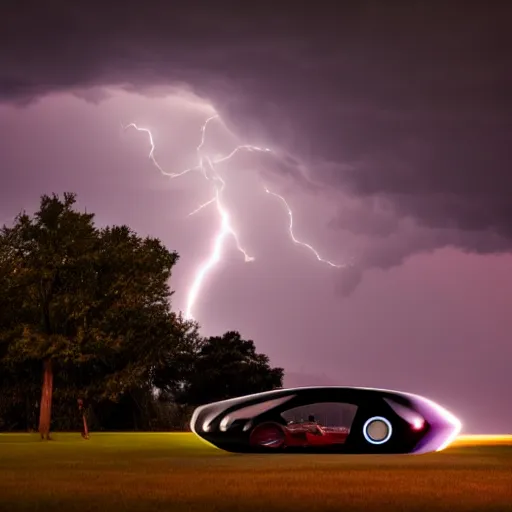 Image similar to futuristic flying car emerging from a circle of lightning in the sky, thunderstorm at night, 28mm dramatic photo