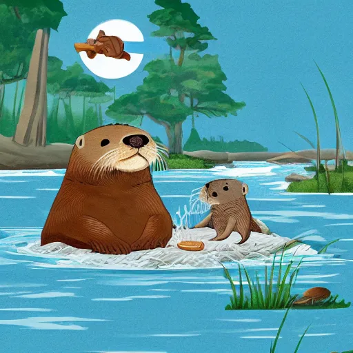 Prompt: storybook illustration of a river otter and a sea otter having a picnic