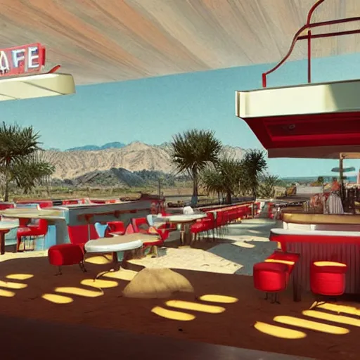 Prompt: photorealistic 1960s diner cafe in the middle of a desert,