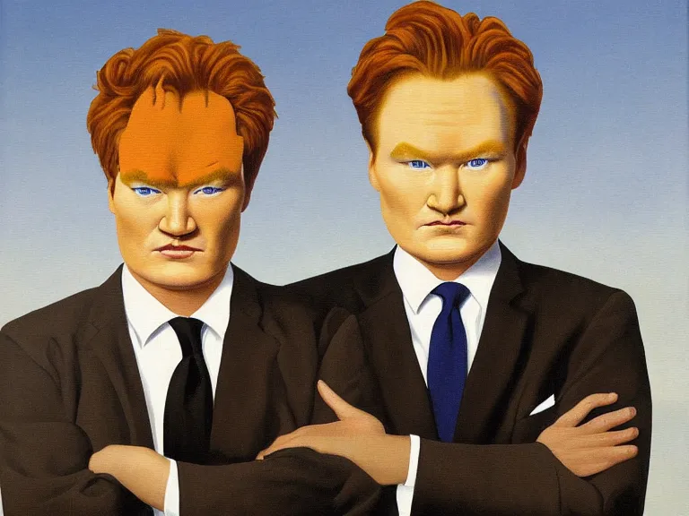 Image similar to Conan O'Brien and Andy Richter painting by rene magritte, high detail, high resolution