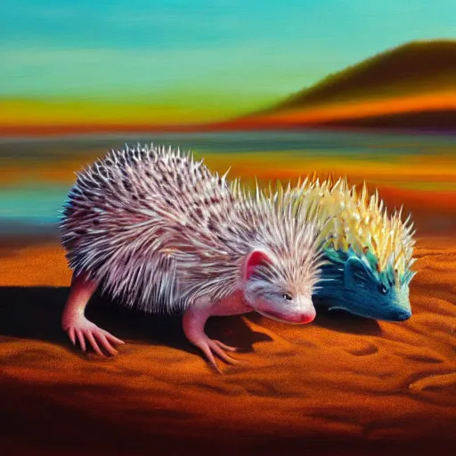 Image similar to an axolotl next to a hedgehog on a beach, oil painting, sunset lighting, 4 k