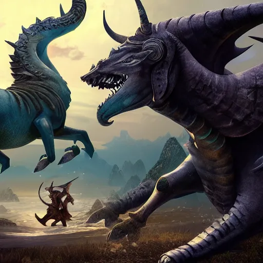 Image similar to man riding the elusive mythical capricorn creature while being attacked by monsters, fantasy art, concept art, character design, unreal engine 5, ultra detailed, cinematic, dramatic lighting