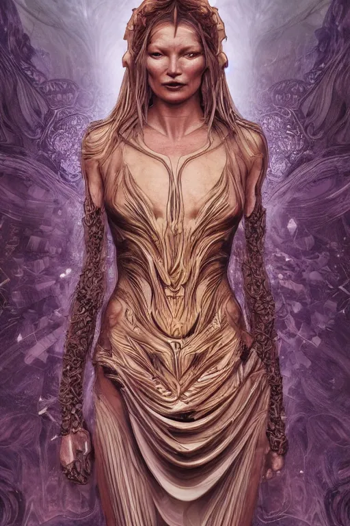 Image similar to a realistic moody photo of a beautiful ancient alien woman goddess kate moss kali standing in iris van herpen dress jewelery and fractals in style of alphonse mucha art nuvo dmt trending on artstation made in unreal engine 4