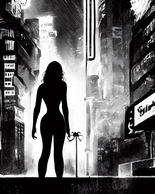 Prompt: film still from sin city, closeup portrait of megan fox private detective standing on a blade runner street corner, detailed illustration, digital art, trending on artstation, frank miller, martin ansin, comic book cover, film noir,