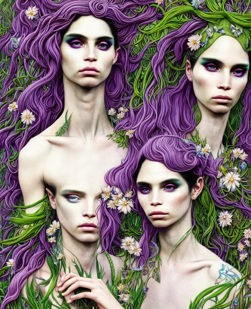 Image similar to the androgynous deity of Spring, 1 figure only, looks a blend of Grimes, Lana Del Rey, Aurora Aksnes, and Zoë Kravitz, made entirely out of flora and fauna, in a style combining Botticelli, Möbius and Æon Flux, surrealism, stunningly detailed artwork, hyper photorealistic 4K, stunning gradient colors, very fine inking lines