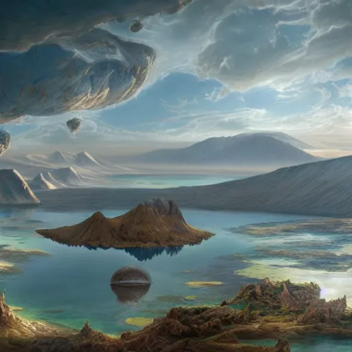 Image similar to a highly detailed landscape painting of large island in the center of a meteor crater lake with a domed futuristic fantasy city, river running through a crater, aerial photography, ultrawide lens, art by john collier and jeon seong and albert bierstadt, volumetric lighting, octane render, 4 k resolution, trending on artstation, masterpiece