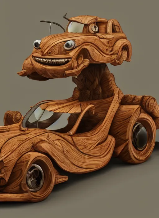 Image similar to a wood carved fancy car on a forest, art style by pixar dreamworks warner bros disney riot games arcane and overwatch, au naturel, hyper detailed, digital art, trending in artstation, cinematic lighting, studio quality, smooth render, unreal engine 5 rendered, octane rendered