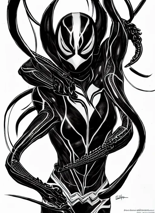 Image similar to symmetry concpet art, full shot, traditional ink, sketch, of olivia wilde as venom, line sketch, intricate, elegant, highly detailed, monochrome, digital painting, artstation, concept art, sharp focus, illustration, art by borderlands 3 and peter polach