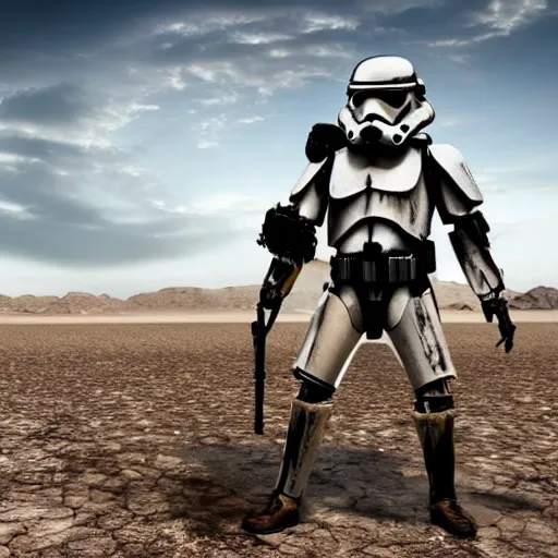 Prompt: battle damaged Steampunk stormtrooper standing on top of a derelict spaceship in the desert, high detail, 8k,