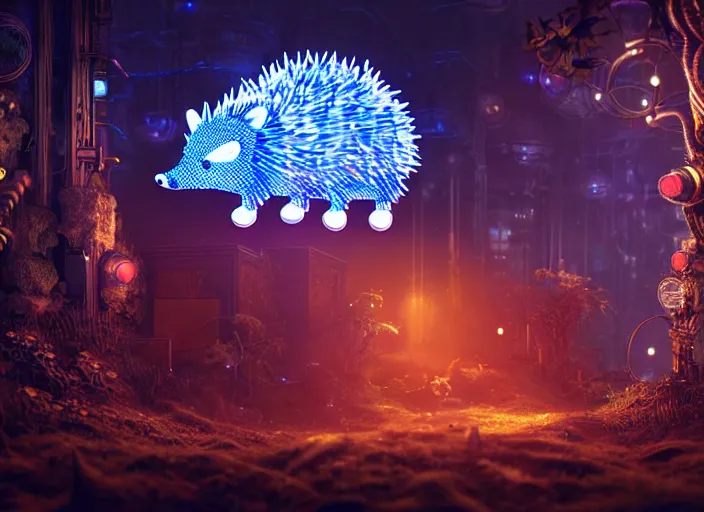 Image similar to intricate hedgehog with leds instead of needles, on the background of a weird magical mechanical forest. Very detailed 8k. Fantasy cyberpunk horror. Sharp. Cinematic post-processing. Unreal engine. Nanite. Ray tracing. Parallax. Tessellation