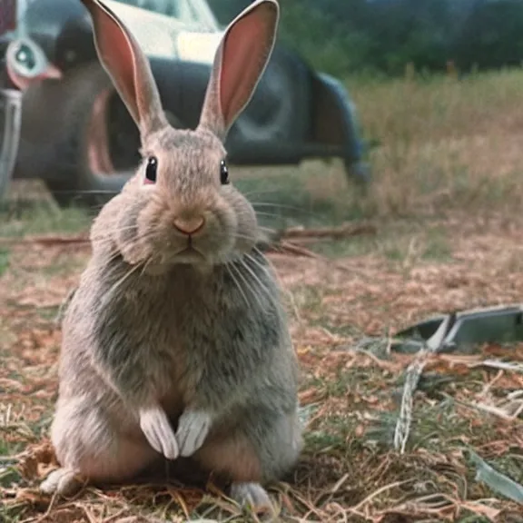 Image similar to mutant rabbit hellspawn shoots minigun, film still