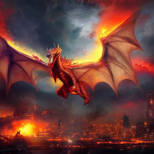 Image similar to large dragon flying over a city breathing fire, etheral, matte painting