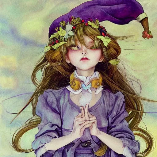 Prompt: little elf girl, santa claus suit, soft hair. light color palate, purple, yellow and white. detailed soft painting, ayami kojima, made in abyss, anatomically correct, inspired in balthus, high detailed face anime, vogue magazine, glorious composition