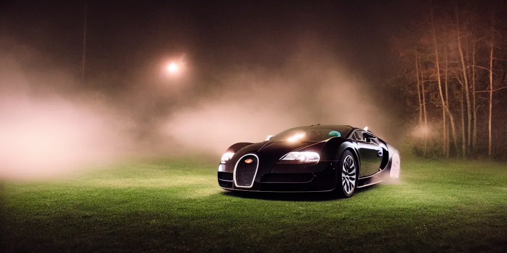 Image similar to bugatti veyron, warm lighting, fog, fairy lights, backyard at late night, tumblr aesthetic