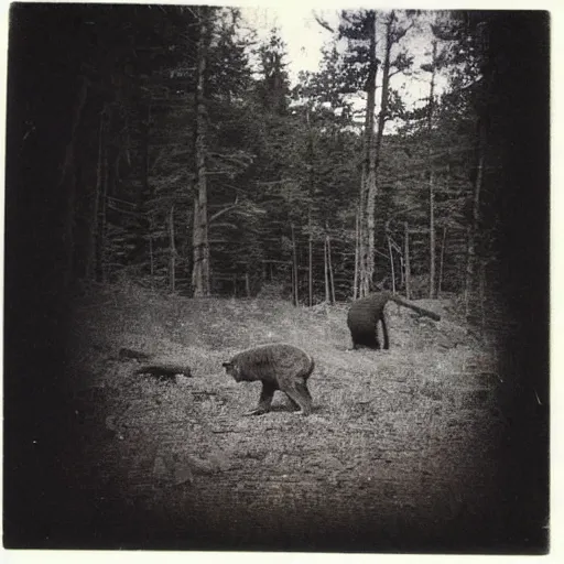 Prompt: polaroid photo of an appalachian cryptid lurking around cabins