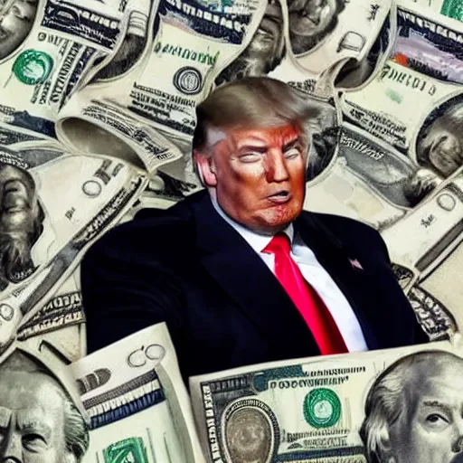 Prompt: Donald trump on a pile of money, dramatic, opulent, riches