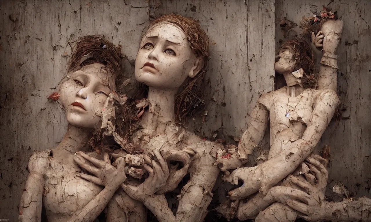 Prompt: a cinematic portrait of a beautiful female jointed wooden doll, holding each other, abandoned, left inside a room in a derelict house, broken toys are scattered around, rubbish, decay, by James C. Christensen, by Tomasz Alen Kopera, by Raphael, by Caravaggio, 8K, rendered in Octane, cinematic, 3D, volumetric lighting, highly detailed, photorealistic, hyperrealism