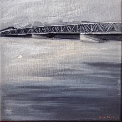 Prompt: very abstract painting of the rhine in basel, very rough brush strokes, oil on canvas, muted greyscale colors, great composition