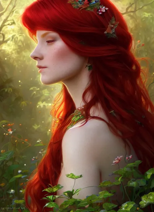 Image similar to a beautiful red haired woman as a fairy princess in a garden, deep focus, d & d, fantasy, intricate, elegant, highly detailed, digital painting, artstation, concept art, matte, sharp focus, illustration, hearthstone, art by artgerm and greg rutkowski and alphonse mucha