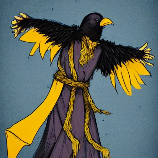 Prompt: A kenku raven wearing frayed yellow robes while worshipping a solar eclipse. Character art. D&D. No mans land.