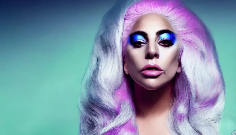 Image similar to lady gaga with long white hair , an album cover by Hedi Xandt, featured on vanity fair, holography, smokey background, matte background, seapunk High resolution. Highly detailed. Dramatic. 8k.4k.