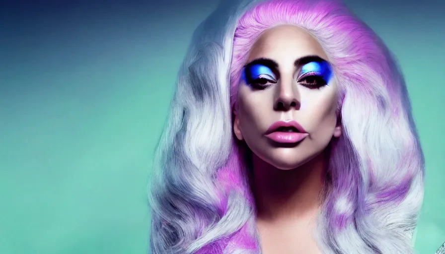 Prompt: lady gaga with long white hair , an album cover by Hedi Xandt, featured on vanity fair, holography, smokey background, matte background, seapunk High resolution. Highly detailed. Dramatic. 8k.4k.