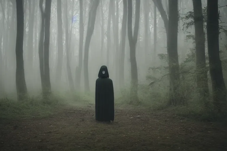 Image similar to a close shot of a grim reaper standing in a forest, detailed, style of flooko, mythical, mist, depressing, tired, dark, lush, nature, mist, mystery, glows, somber, dismal, fog, heavy fog, dark lighting, rim light, glow, ambient light, cybernetic, sci-fi,