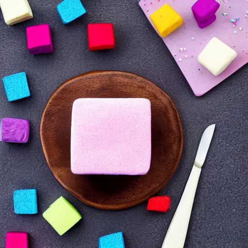 Image similar to photograph of a marshmallow cube with sprinkles on a dark wooden chopping board, pastel colours, hessian cloth, styled food photography, photorealistic, 4 k