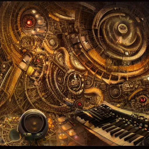 Prompt: a complex photoreal music studio with keyboards and modular synthesizers, a sacred mandelbulb mandala spiral made of dragons made of complex biomechanical vintage machinery and old robot parts with intertwining cables made of old tree roots and glowing gemstones and synthesiser parts by Ellen Jewett, by donato giancola, by amanda sage, by beeple, particle effects, intricate detail, trending on cgsociety, trending on artstation, 8k 3d, high definition, jpeg artifacts, f/16 lens