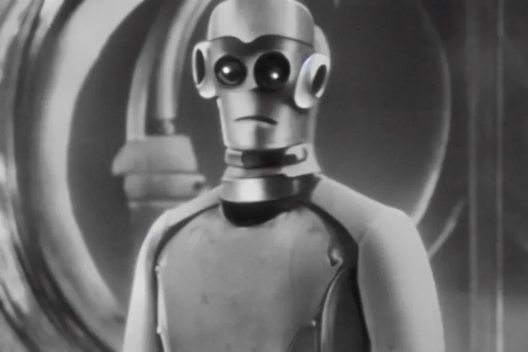 Prompt: A movie still of a 1920s silent film featuring Bender from Futurama