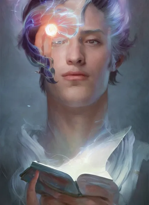 Image similar to character concept portrait of an attractive young Spanish wizard conjuring a death spell, a floating iridescent spell book in the center, intricate, elegant, digital painting, concept art, smooth, sharp focus, illustration, from Metal Gear, by Ruan Jia and Mandy Jurgens and William-Adolphe Bouguereau, Artgerm