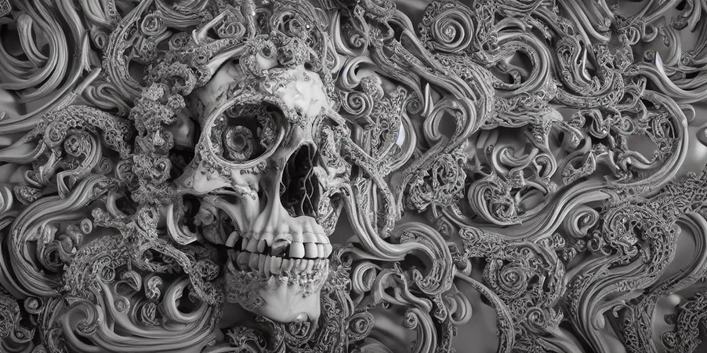 Image similar to curly gothic baroque tiki skull head , intricate ornate marble carving, white background, sculpture, hyper-realistic, micro details, focused, dramatic, sophisticated, soft surface, professional photography, overhead dramatic light, medium-shot, 3d art, artstation, CGsociety, 3d render, environmental key art, octane render, weta digital, 3d sculpture, structure, render in octane, unreal engine, ray trace 4k, cinematic ,dynamic light, amazing details, beautiful ,