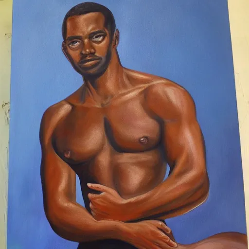Prompt: painting of handsome shirtless black man holding cat