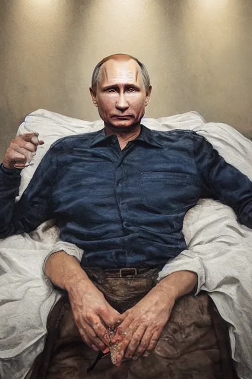 Image similar to hyperrealistic mixed media painting of Vladimir Putin on a deathbed inhaling from Copium tank, dimly lit cozy tavern, leather tunic, confident relaxed pose, d&d, stunning 3d render inspired art by Tim Okamura and Lise Deharme + perfect facial symmetry + dim volumetric lighting, 8k octane beautifully detailed render, post-processing, extremely hyperdetailed, intricate, epic composition, grim yet sparkling atmosphere, cinematic lighting + masterpiece, trending on artstation, very very detailed, masterpiece, stunning