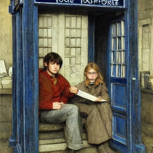 Prompt: harry potter at a tardis console, highly detailed, by jules bastien - lepage