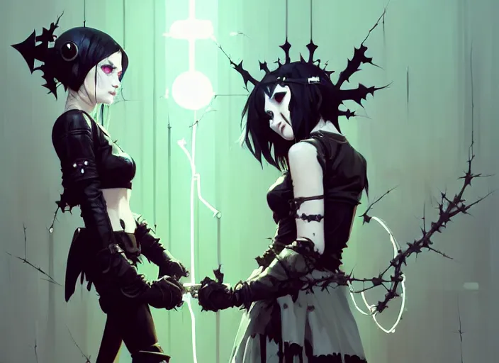 Image similar to two cute goth maiden girls with crown of thorns and white short hairs, dressed in leather belts, warhammer, cyberpunk, by atey ghailan, by greg rutkowski, by greg tocchini, by james gilleard, by joe gb fenton, by kaethe butcher, dynamic lighting, gradient light blue, brown, blonde cream and white color in scheme, grunge aesthetic