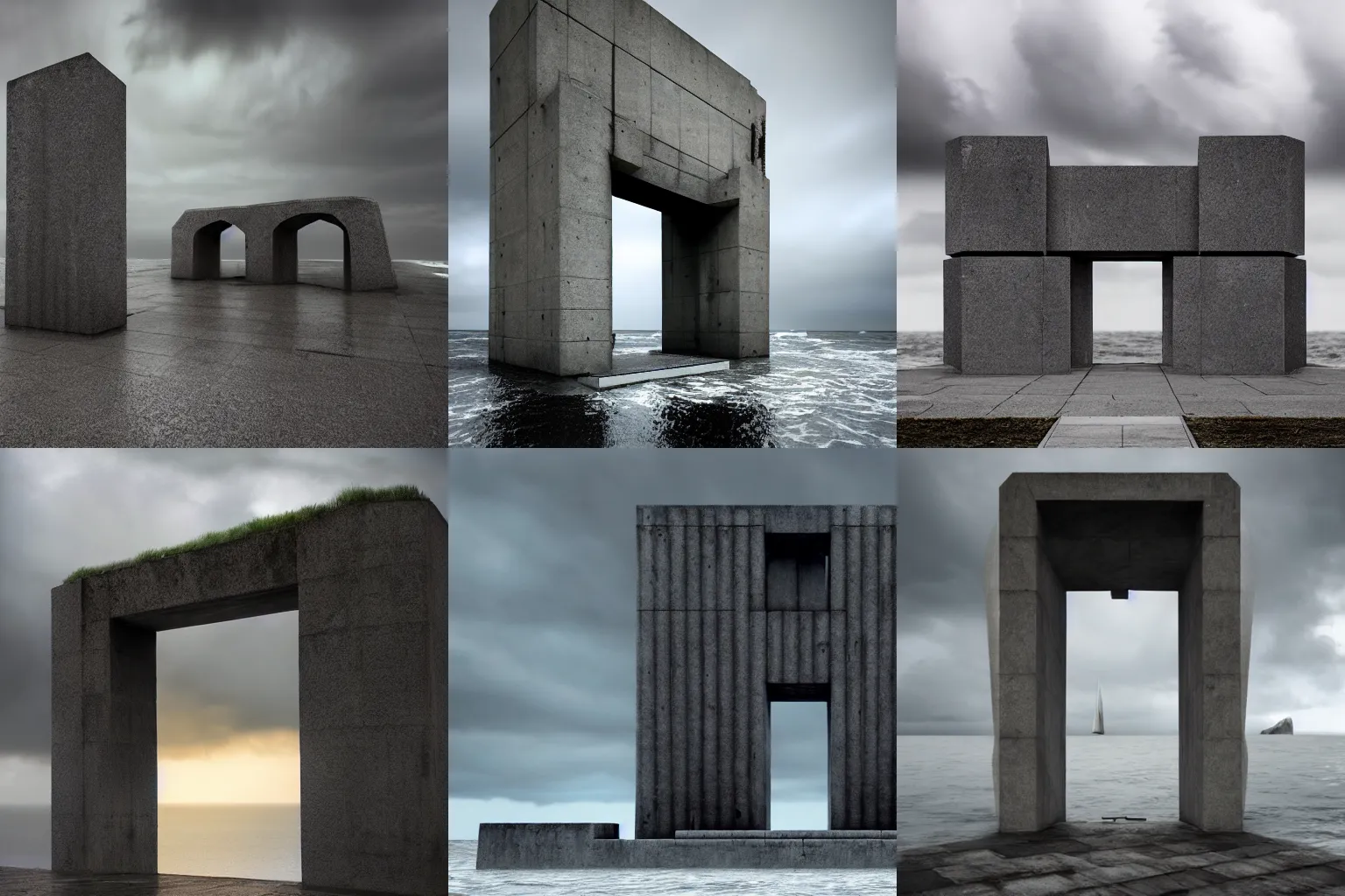 Prompt: a doorway on a beautiful, photo-realistic, surreal, and mysterious brutalist monument at the ocean under the stormy sky. trending on artstation