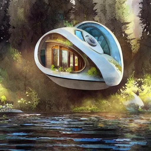 Image similar to beautiful happy picturesque charming sci - fi organic pod - like homes of the future consisting of modules in a beautiful natural scene. water, trees and rocks. beautiful light. soft colour scheme. beautiful artistic detailed watercolor by lurid. ( 2 0 2 2 )