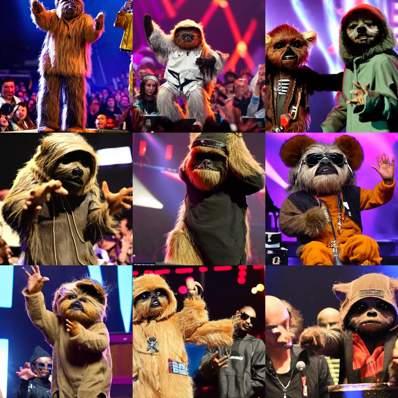 Prompt: wicket the ewok on stage with snoop Dogg waving his hand at the crowd