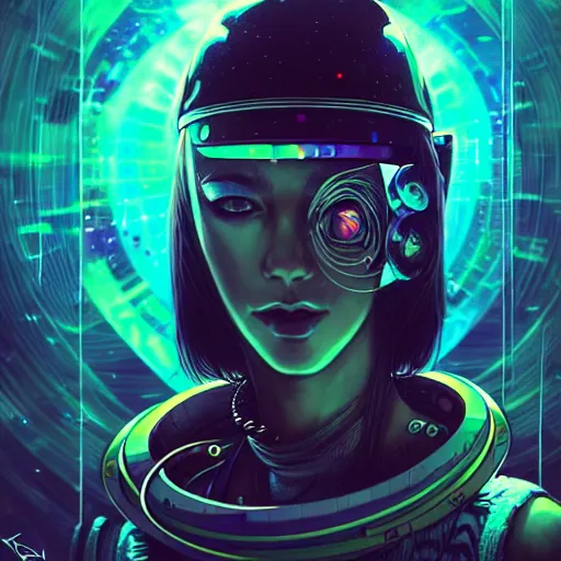 Prompt: A cyberpunk space pirate girl warping time and space, trading illegal goods, magic mushrooms, psilocybin, LSD, face, space helmet, futuristic, detailed, intricate, elegant, highly detailed, digital painting, artstation, concept art, smooth, sharp focus, akira style illustration, art by Krenz Cushart and Artem Demura and Alphonse Mucha
