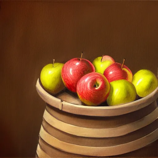 Image similar to oil painting of a barrel of apples in a tavern im medieval setting, low light, dwarves, HD, 4K, digital art