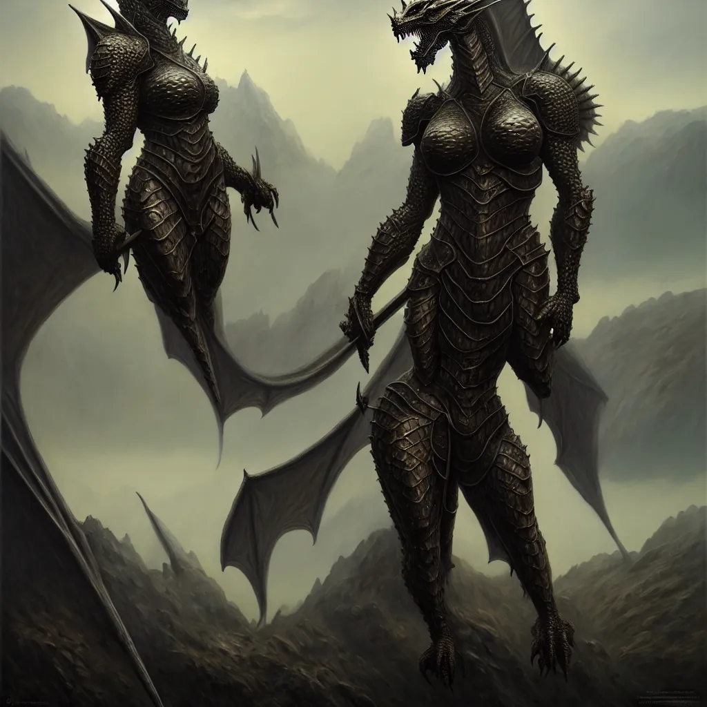 Prompt: anthromorphic dragon female wearing armor by dariusz zawadzki, detailed matte painting, oil on canvas, atmospheric, field of depth, fantasy, grim, dark, trending on artstation