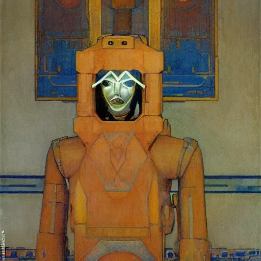 Image similar to the robot wearing her human mask, by jessie willcox smith and donato giancola and nicholas roerich, symbolist, dramatic lighting, elaborate geometric ornament, art brut, god rays, soft cool colors, smooth, sharp focus, extremely detailed