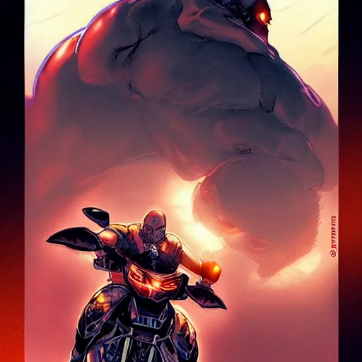 Prompt: chonky bald ethan van sciver, riding on a sad dark horse, full view, beautiful artwork by artgerm and rutkowski, breathtaking, beautifully lit, dramatic, full view