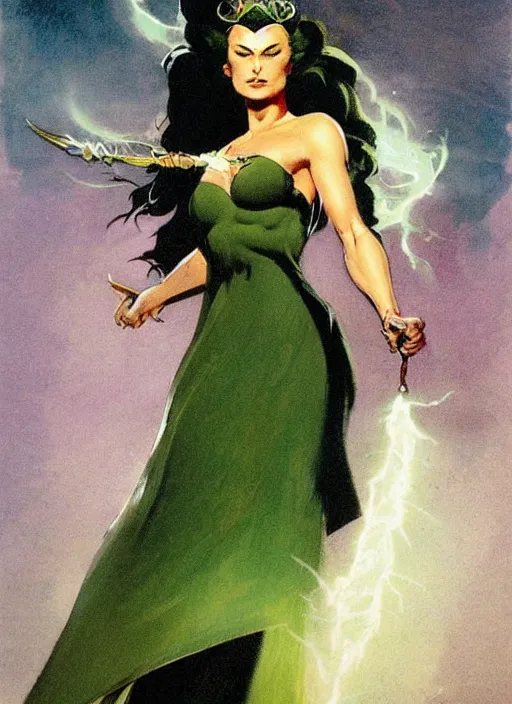 Image similar to mighty plump female sorceress, green tiara, lightning strike, strong line, muted color, beautiful! coherent! by frank frazetta, by brom