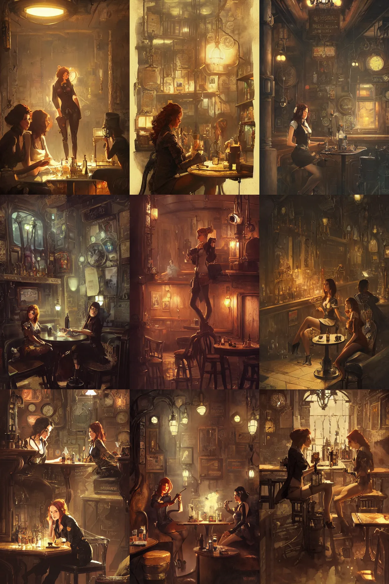 Prompt: women in the interior of a steampunk pub, Greg Rutkowski, Milo Manara, night time, smoking cigarettes, playing video games, highly detailed, Quentin Tarantino movie posters, pulp fiction, level design, concept art, artstation, cgsociety, zenith view